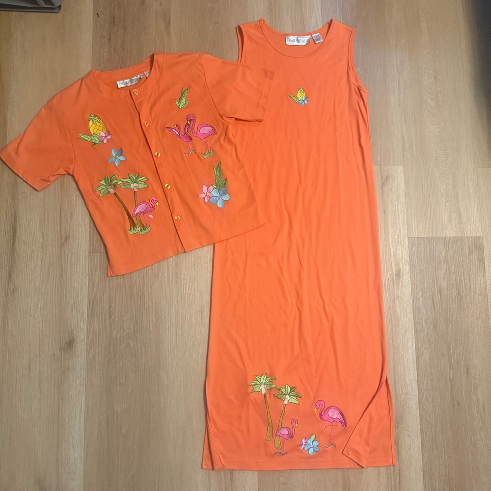 Needle & Threads Orange Tropical Flamingo Embroidered Maxi Dress & Cardigan Set